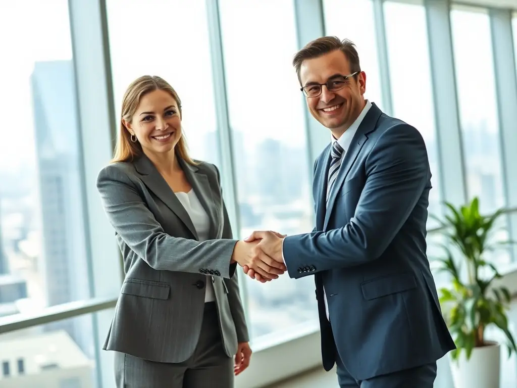 A professional photograph of a handshake between two executives, symbolizing a successful partnership in a modern office setting, with a subtle background showcasing cybersecurity technology icons.