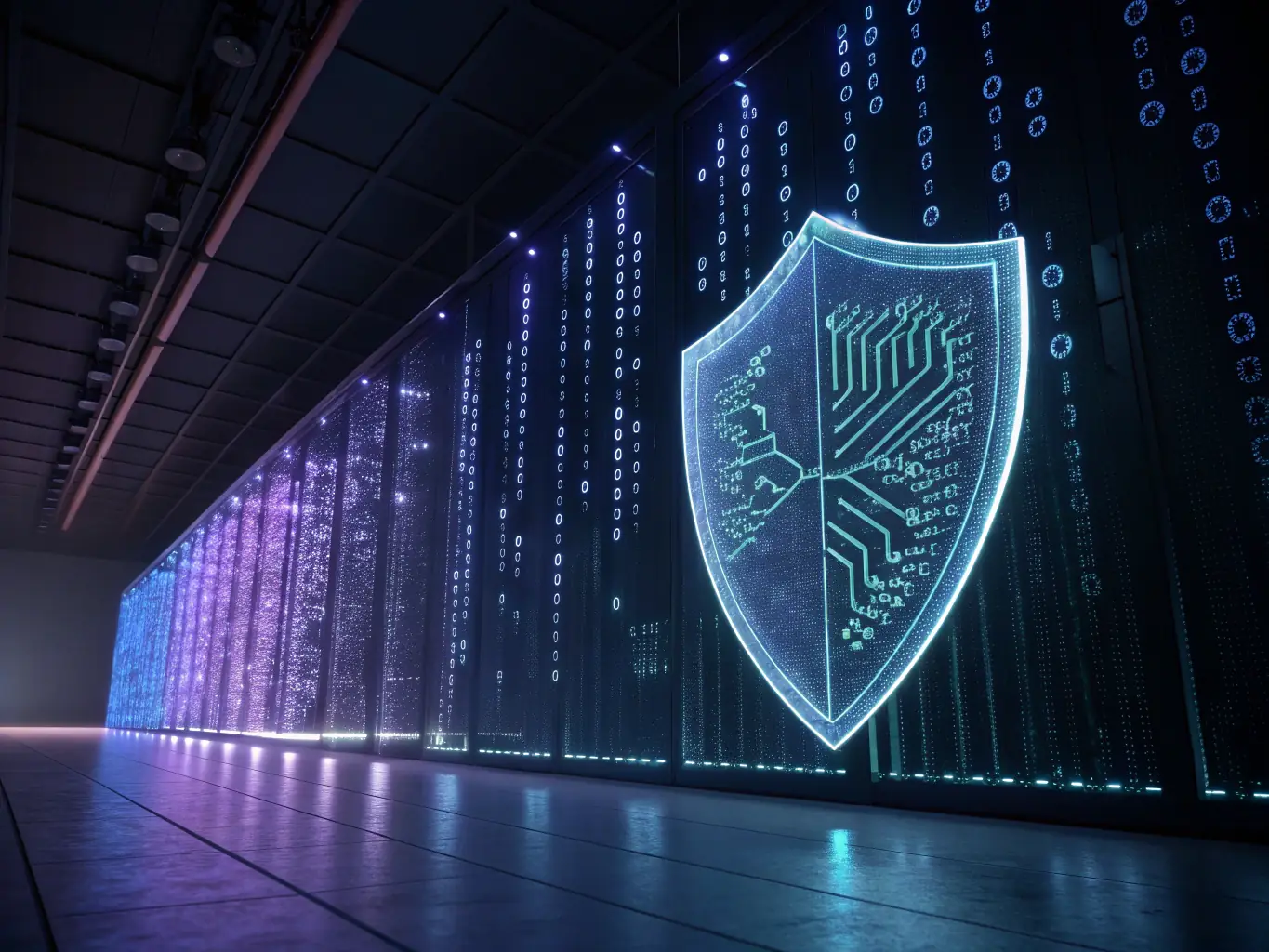 A digital illustration depicting a shield with multiple layers, each representing a different technology vendor contributing to a comprehensive security solution.