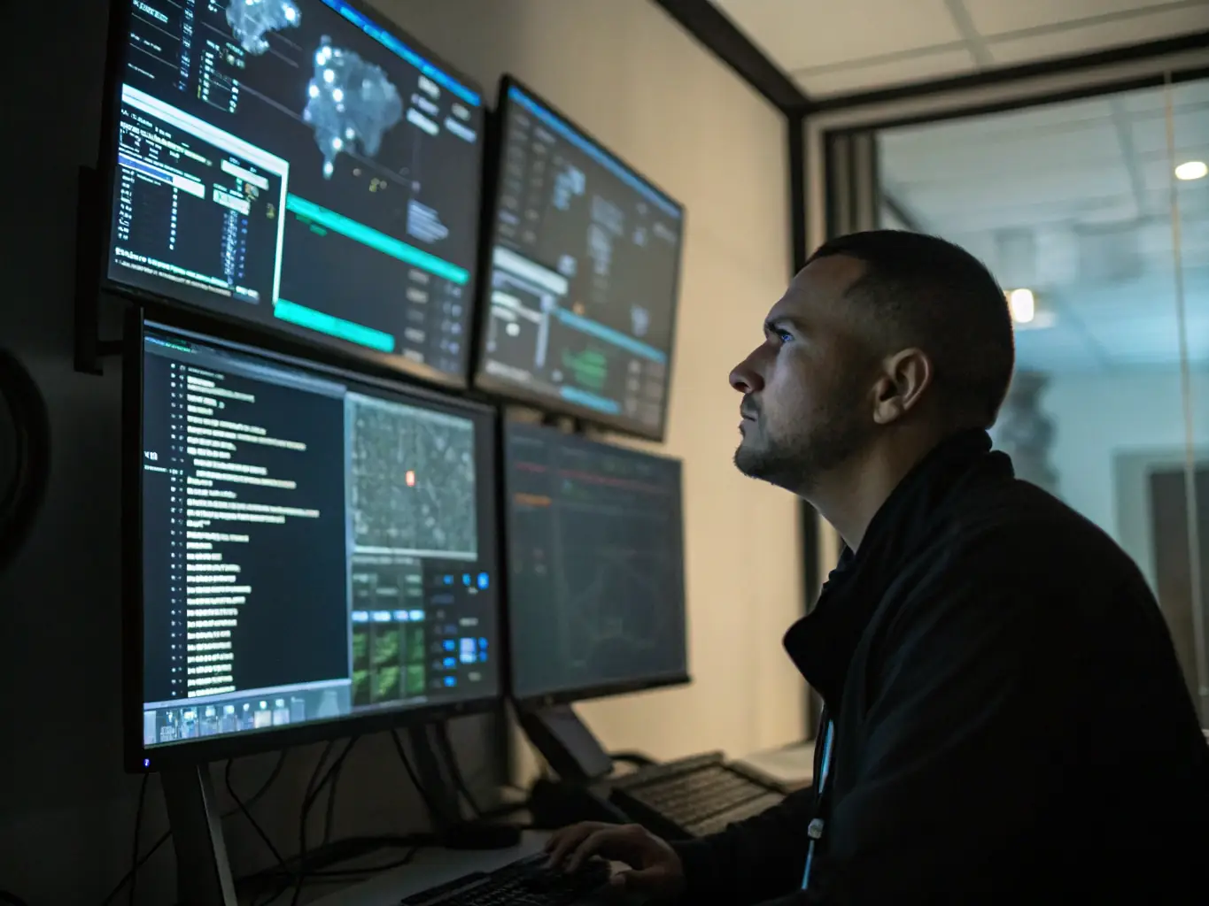 An image of a cybersecurity analyst working on a secure network with digital overlays of security icons, representing FOX DATA TECH's Cybersecurity Consulting services.