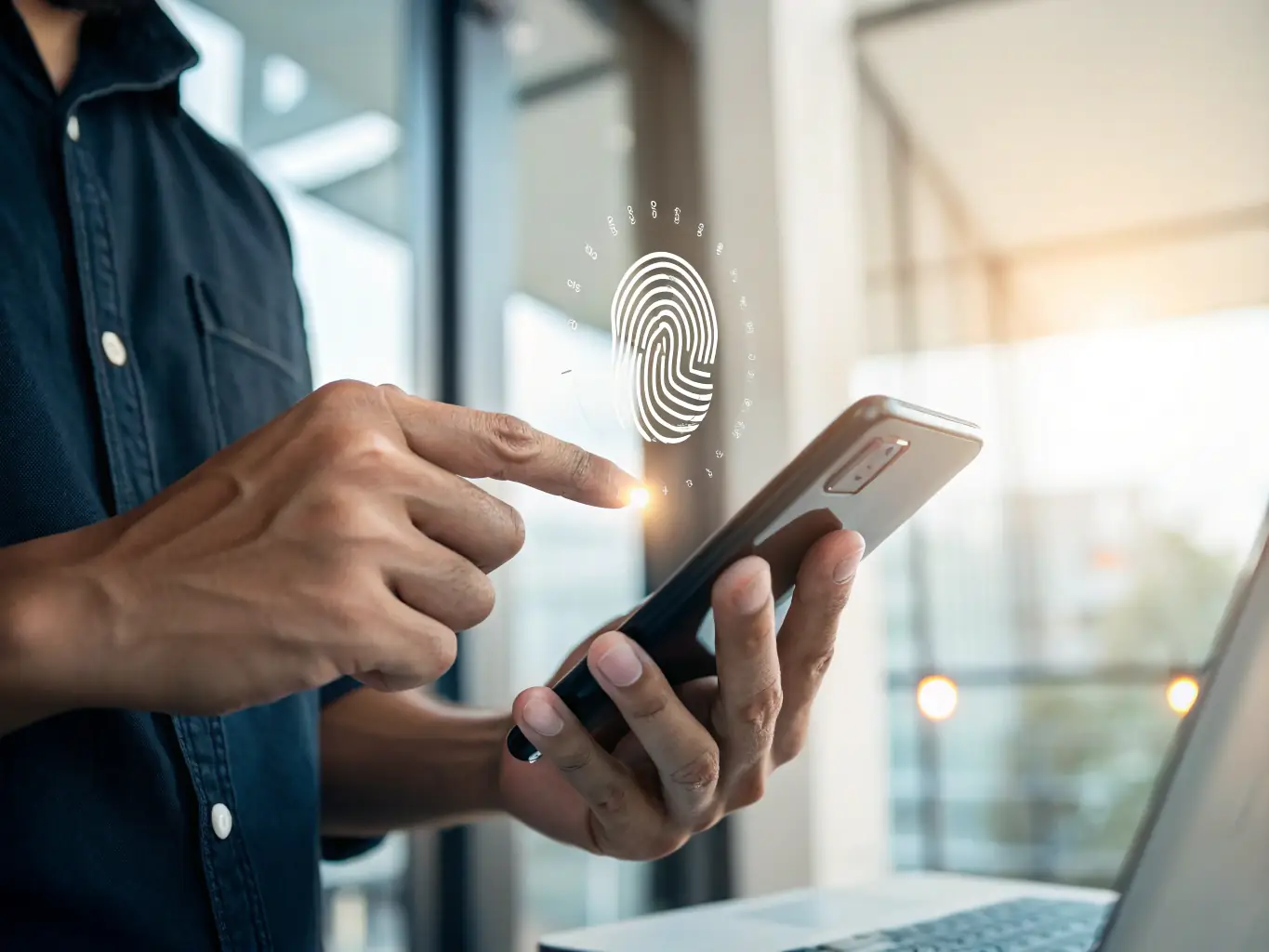 An illustration of a digital identity verification process with biometric icons, representing FOX DATA TECH's Identity & Access Management (IAM) solutions.