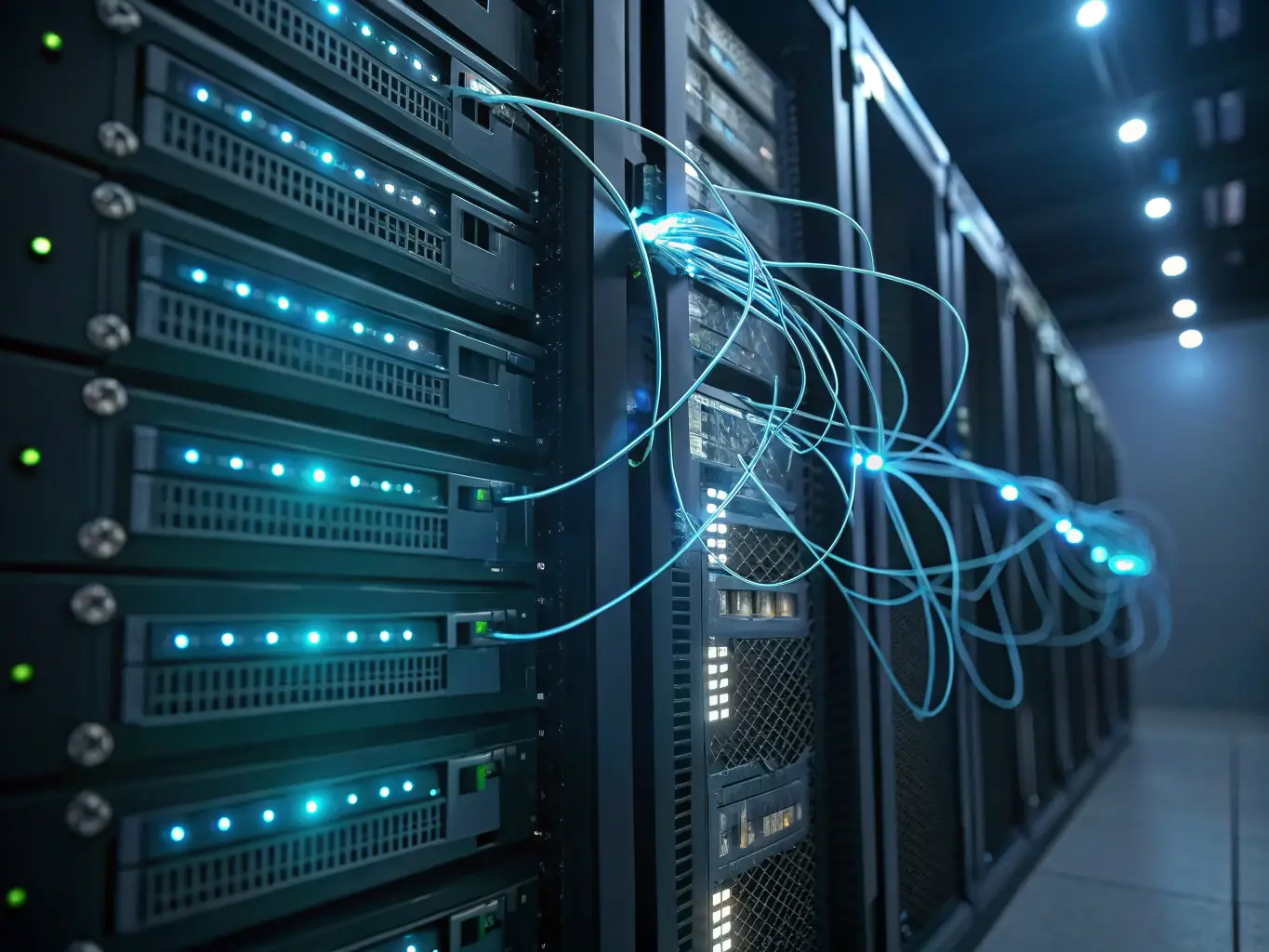 Visual of a secure data server with encrypted data streams and shield icons, illustrating FOX DATA TECH's Data Protection Solutions.